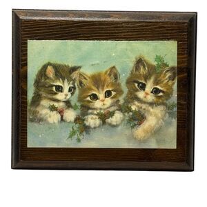 Vintage Christmas Kittens Decoupage Art Wooden Charming Folk Art Plaque